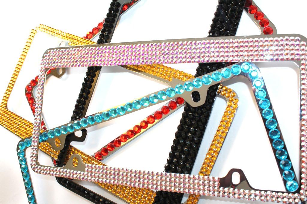 4 Row Turquoise Blue (on Black) Bling Rhinestone Crystal License Plate Frame & Caps Set