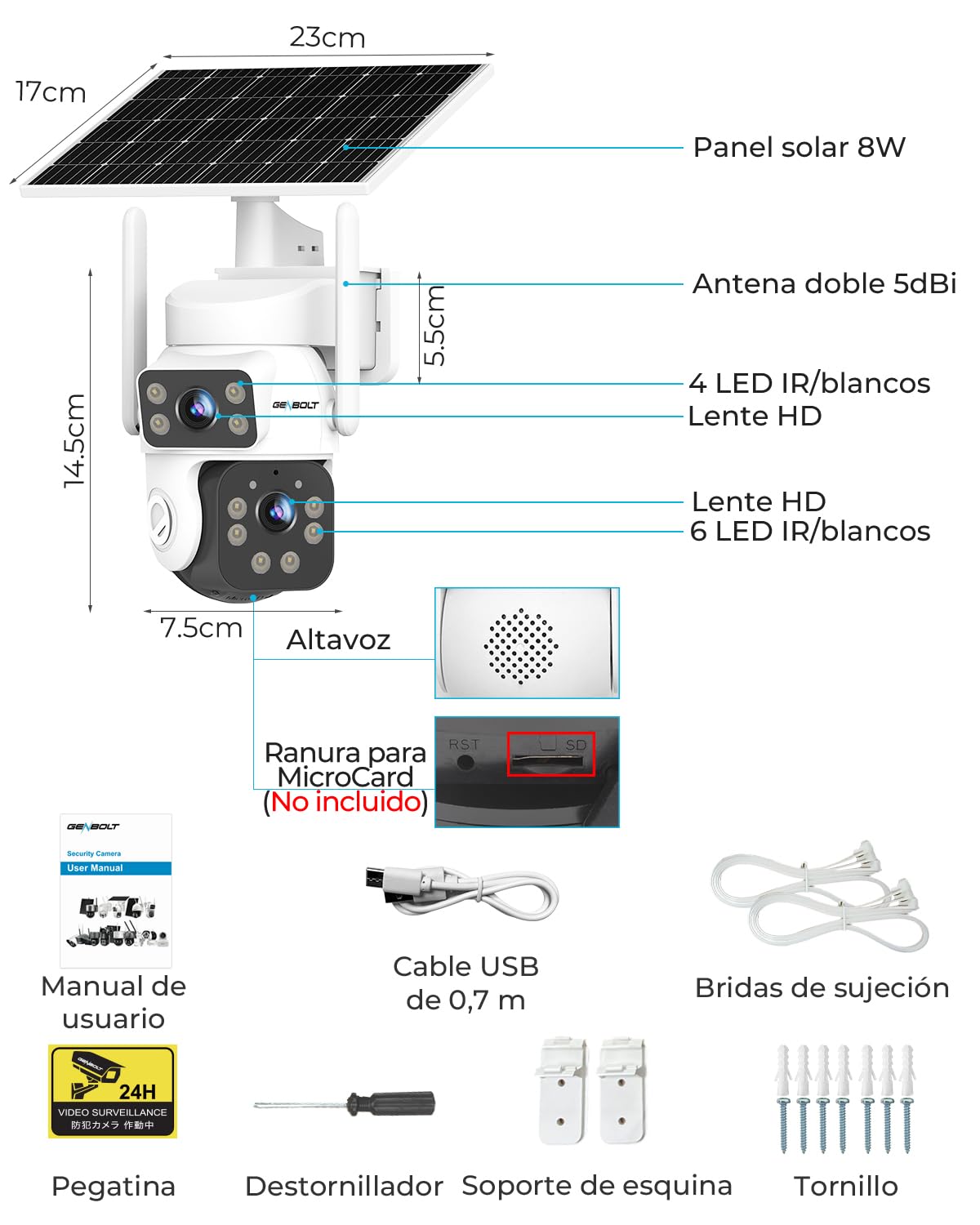 GENBOLT 2K AOV WiFi Cámara Vigilancia Exterior Inalámbrica Solar IP66 | Grabación 24/7, Doble Lente 3MP*2 Cámara IP Seguridad, Detección de IA 90FT, Batería 14400mAh 8W, 2.4&5GHz WiFi, CCTV Cámaras