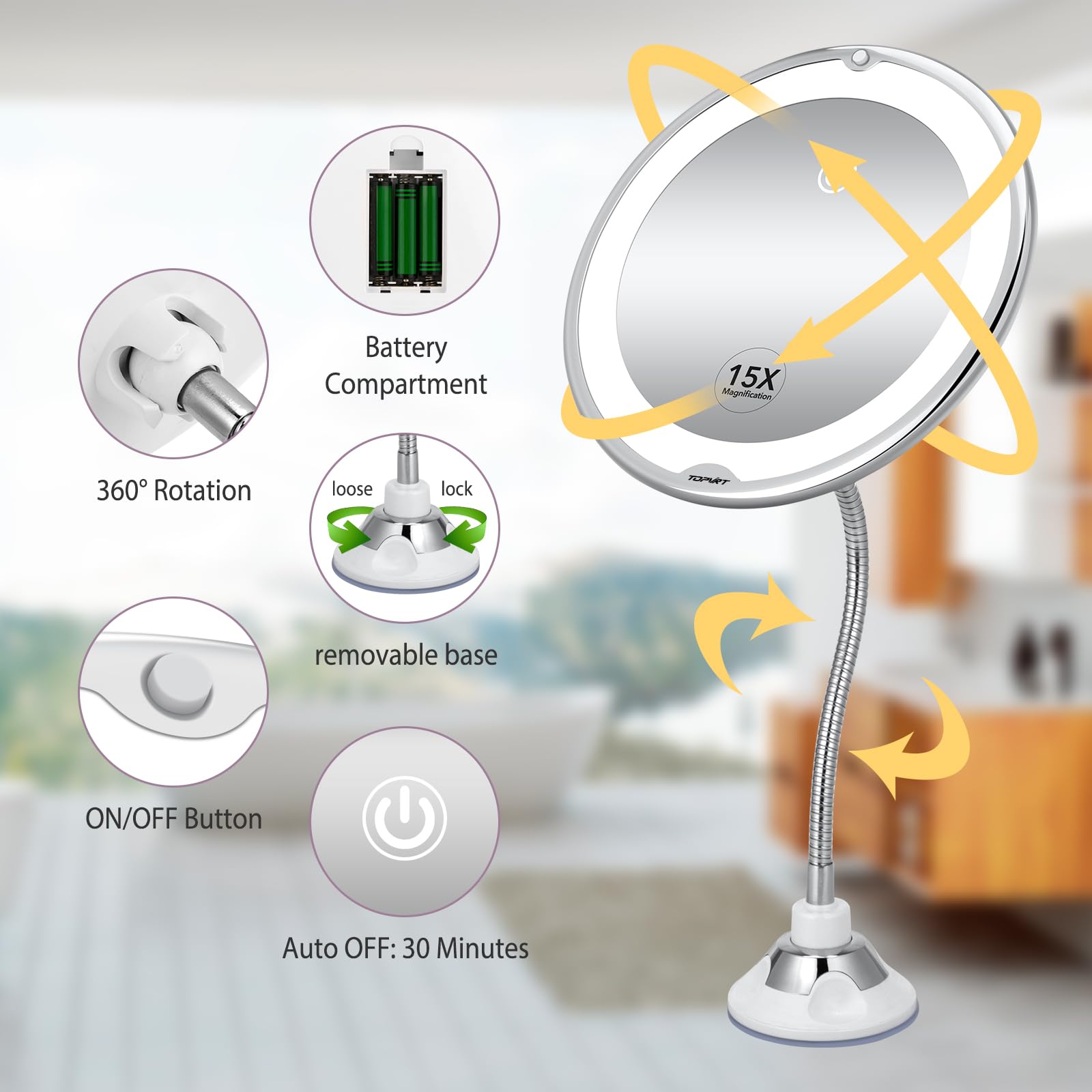 Espejo de succión flexible de 15 aumentos, espejo de tocador LED regulable, ventosa de potencia, portátil para el baño del hogar, ideal para maquillaje detallado, sombra de ojos delineador de