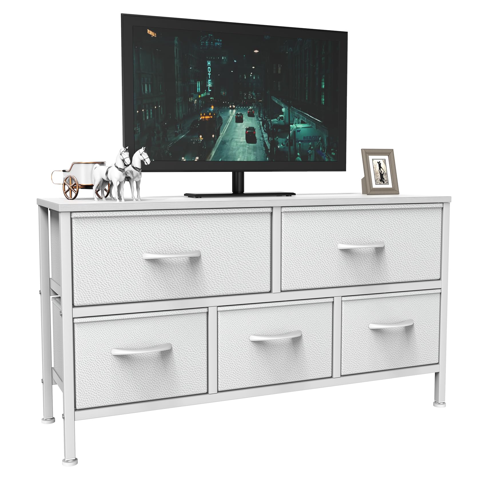 Feonase Bedroom Chest of Drawers, 5 Fabric Drawers Dresser with Metal Frame and MDF Top Board, Modern Storage Unit for Bedroom Living room, Entryway, Closet, Office, White