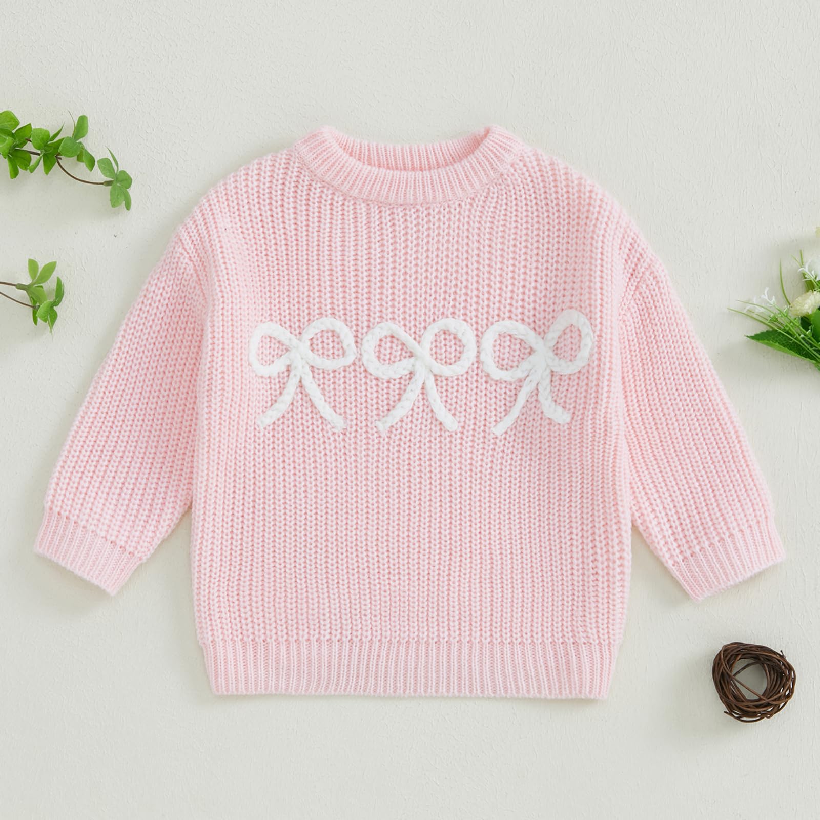 Toddler Baby Girl Knit Sweater Cute Bow Embroidery Chunky Knitted Sweatshirt Warm Infant Fall Winter Outfits Clothes (A Pink, 12-18 Months)