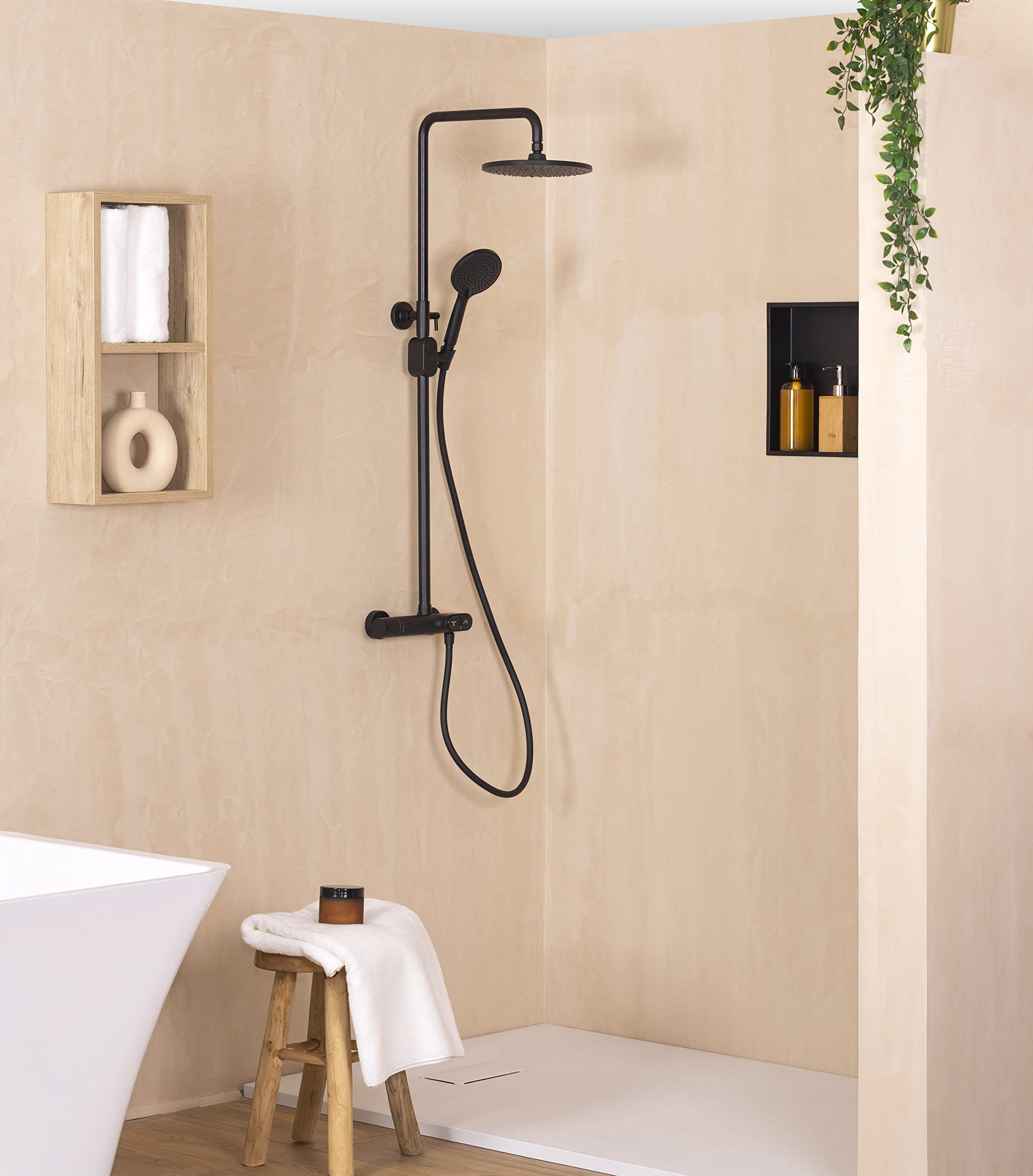 Columna de ducha termostática SWITCHEA | acabado negro mate | rociador redondo + teleducha con barra | diseño moderno y funcional | EUROSANIT