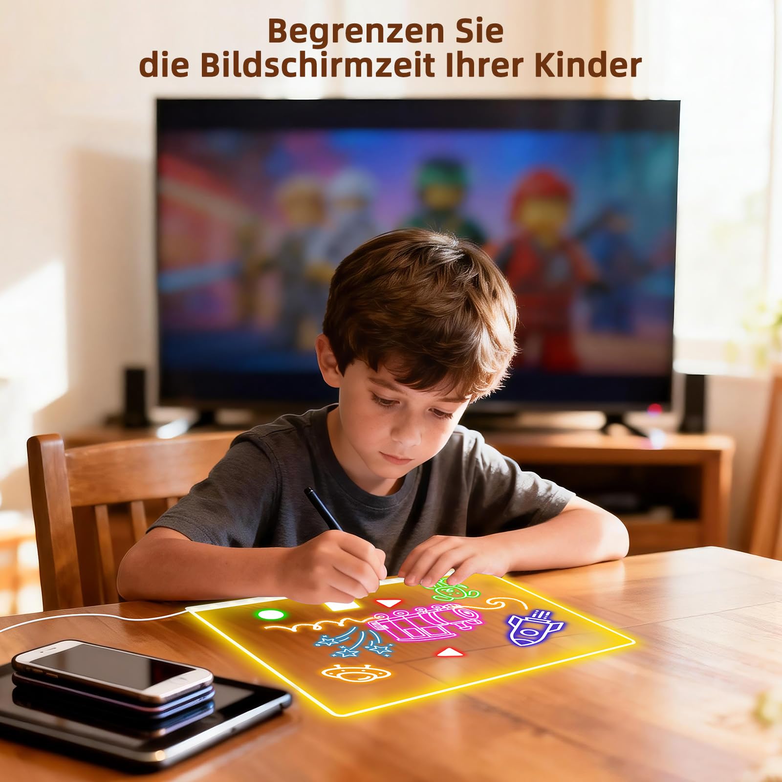 LED Zeichenbrett Kinder, Kreatives Lernspielzeug mit 14 Neon Stiften, Leuchttafel mit 8 Farben & 6 Lichtmodi, Wiederverwendbare Maltafel für Mädchen Jungen 4-8 Jahre, Geschenk Set