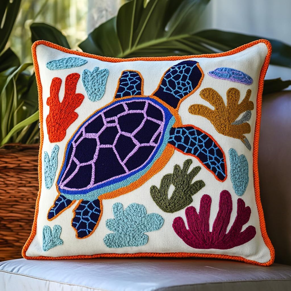 DIY Punch Needle Pillow Kit Sea Turtle and Corals with Pattern and Hoop Handmade Embroidery Punch Needle Starter Pillowcase Set for Home Sofa Decor 43x43cm-1-1