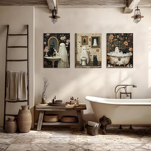 Miniatura 3 de Juego de 3 arte de pared de fantasmas de Halloween para baño, divertido gótico, decoración de pared de academia oscura, fantasma de terror y gato