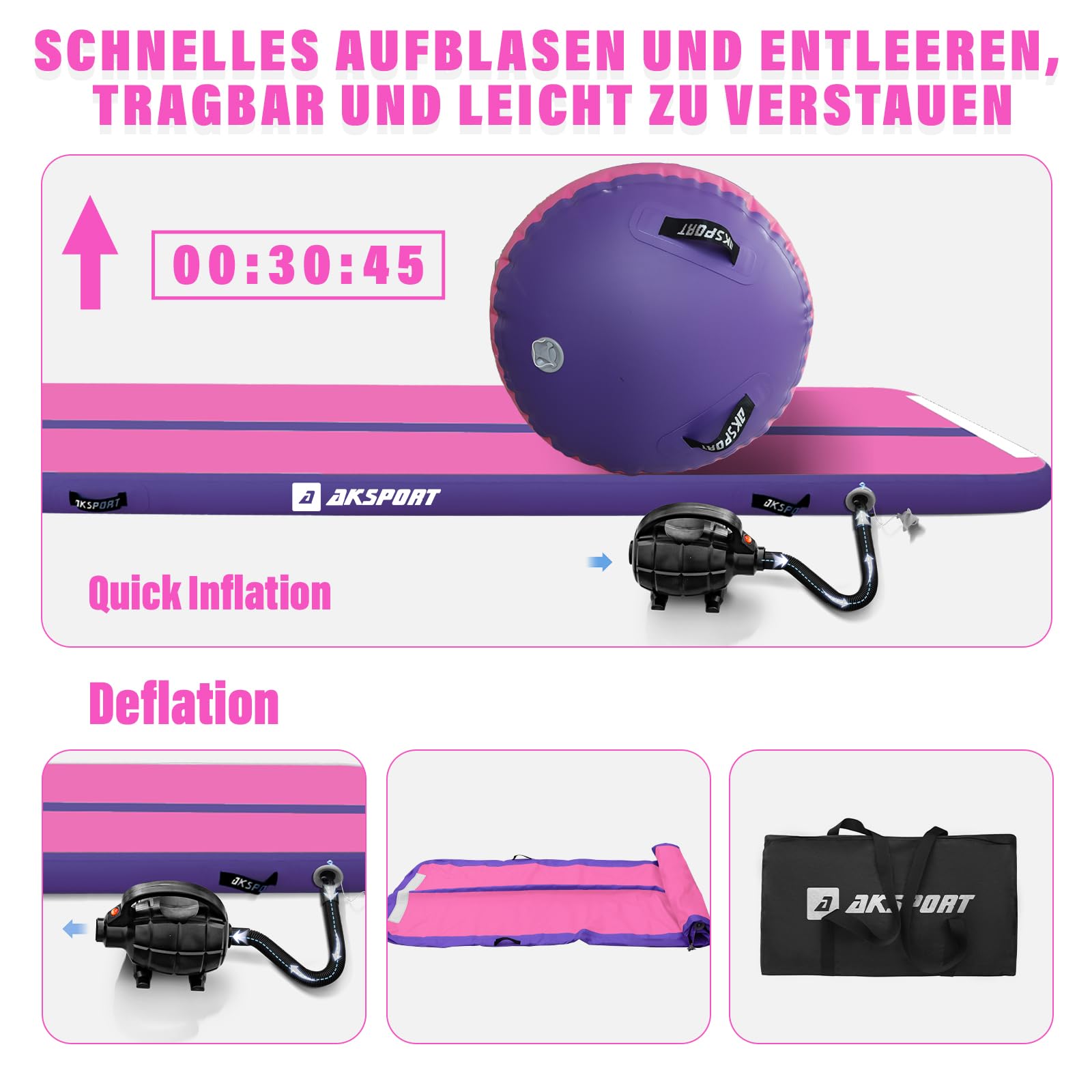 AKSPORT Airtrack met Air Roll opblaasbare gymnastiekmat, turnmat, Air Tracking mat, 3 m, met rol met luchtpomp voor thuis, yoga, cheerleading, tumbling, achteruit buigen