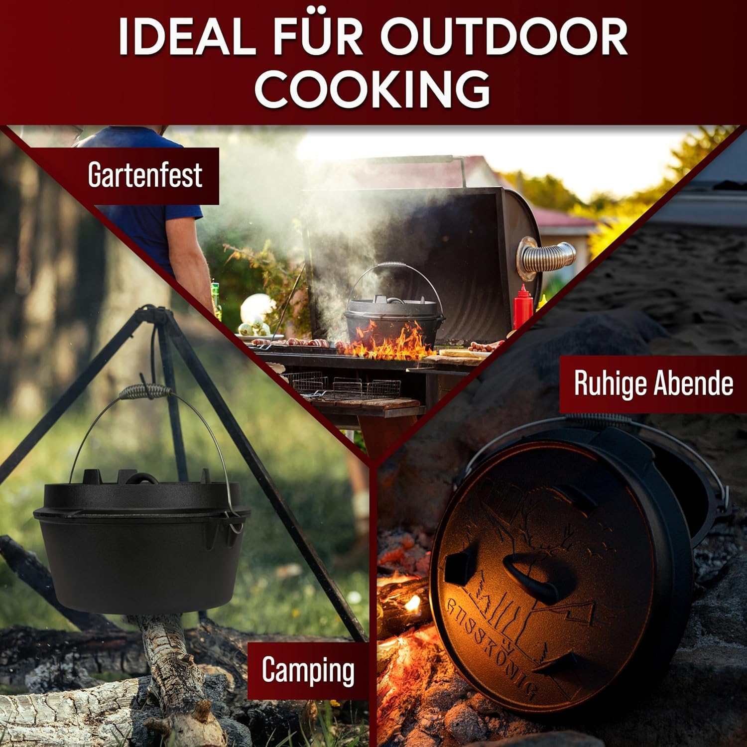 GUSSKÖNIG Essential Line Dutch Oven Set [für 3–6 Personen] – 5,5L Topf & 1,5L Deckel, eingebrannter Feuertopf mit Füßen, inkl. Deckelheber, Ringreiniger, Pflegepaste & Rezeptbuch – 30 Jahre Garantie