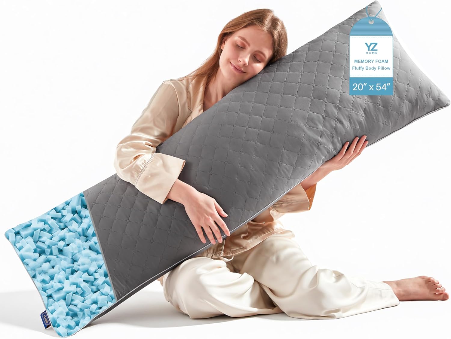 YZ HOME Long Body Pillow for Adults - Firm Body Pillow Insert with Shredded White Memory Foam, Adjustable Height, Soft Support for Side Sleeping, Pregnant Women, Washable (Grey, 20x54 Inch)