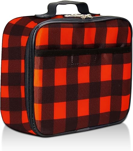 Fenrici Lonchera a cuadros de búfalo para niños, bolsa de almuerzo aislada a cuadros rojos a juego, perfecta para preescolar, K-12, compartimentos