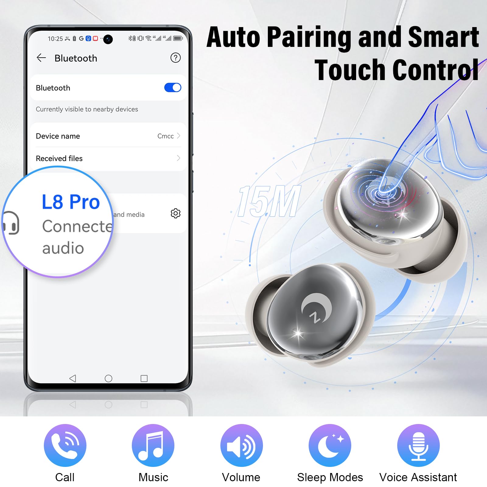 VEKJ Bluetooth Kopfhörer, Mini 48H Schlafkopfhörer Bluetooth 5.4 mit Touchscreen, 2025 Neue in Ear Kopfhörer Kabellos mit ENC Noise Cancelling, IPX7 Ohrhörer mit Immersiver Deep Bass Ohrhörer, beige