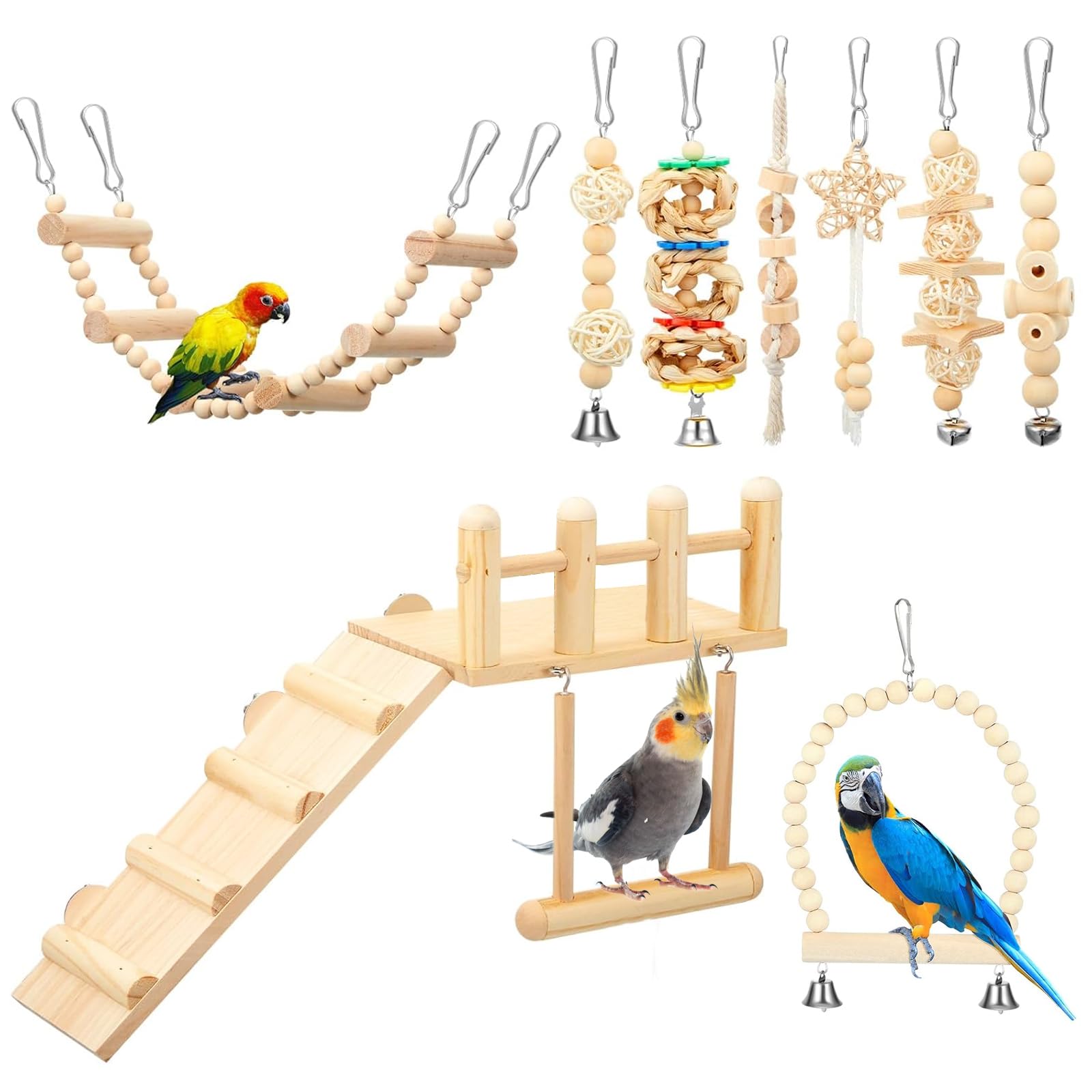 Morezi Bird Swing for cage Parakeet Parrot Swing Wood Hemp Rope Ladder Toy Play Gym Hanging Swing Parrot Perch Hammock Toy for Budgerigar Conure Cockatiel mynah Finches Small Medium Breeds 10pcs