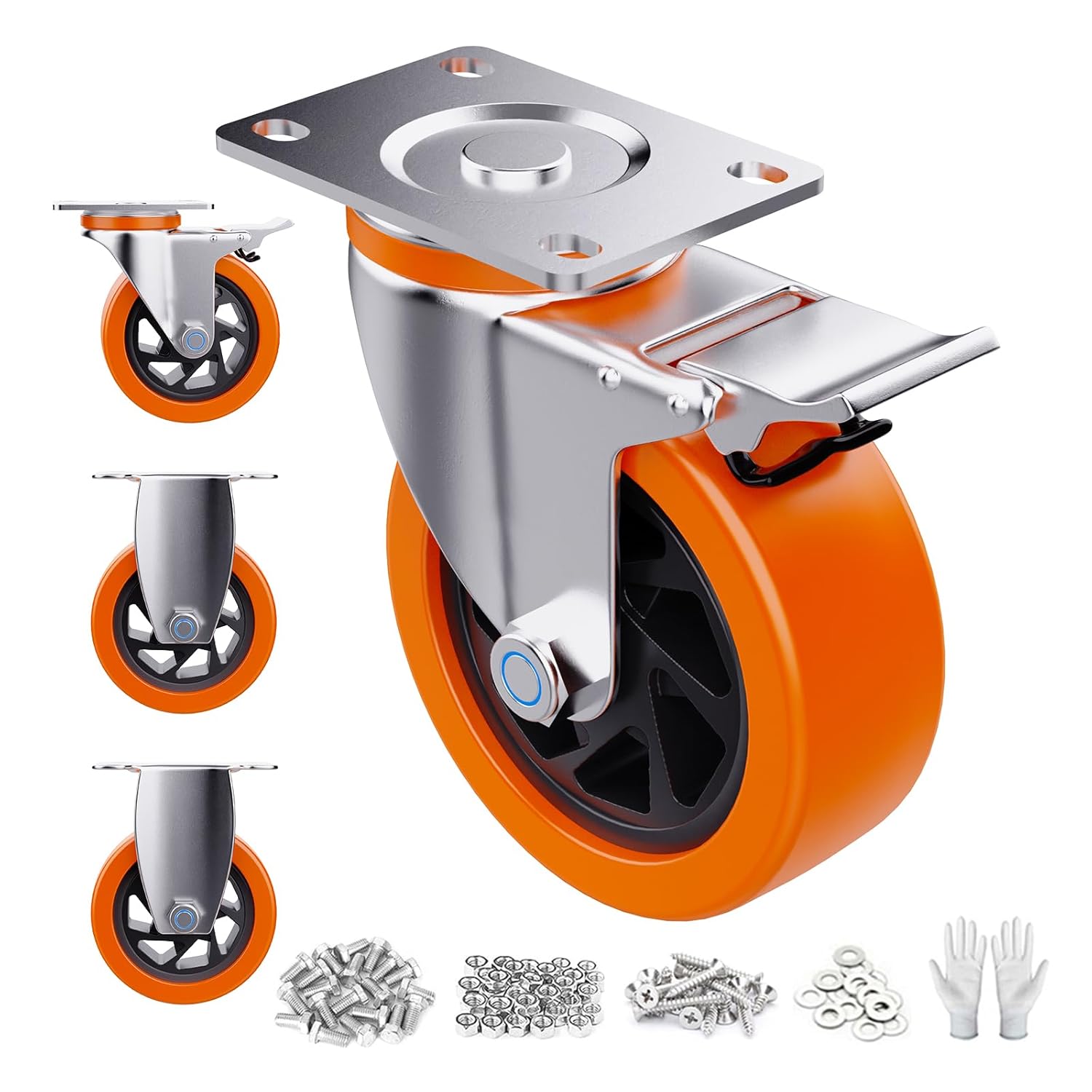 4 Inch Caster Wheels,Casters Set of 4,Heavy Duty Casters with Brake,Locking Castors with Polyurethane Wheel,Plate Swivel Industrial Casters Wheels for Furniture,Workbench and Cart