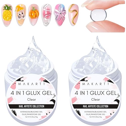 Makartt 3D Gel Nail Art: 4 in 1 Clear Solid Gel Builder for Extension UV Nail Glue for Acrylic Nails Rhinestones 3d Sculpting Gels Hard Gels for Nails UV/LED Nails Lamp Required 15ML 2 Bottles