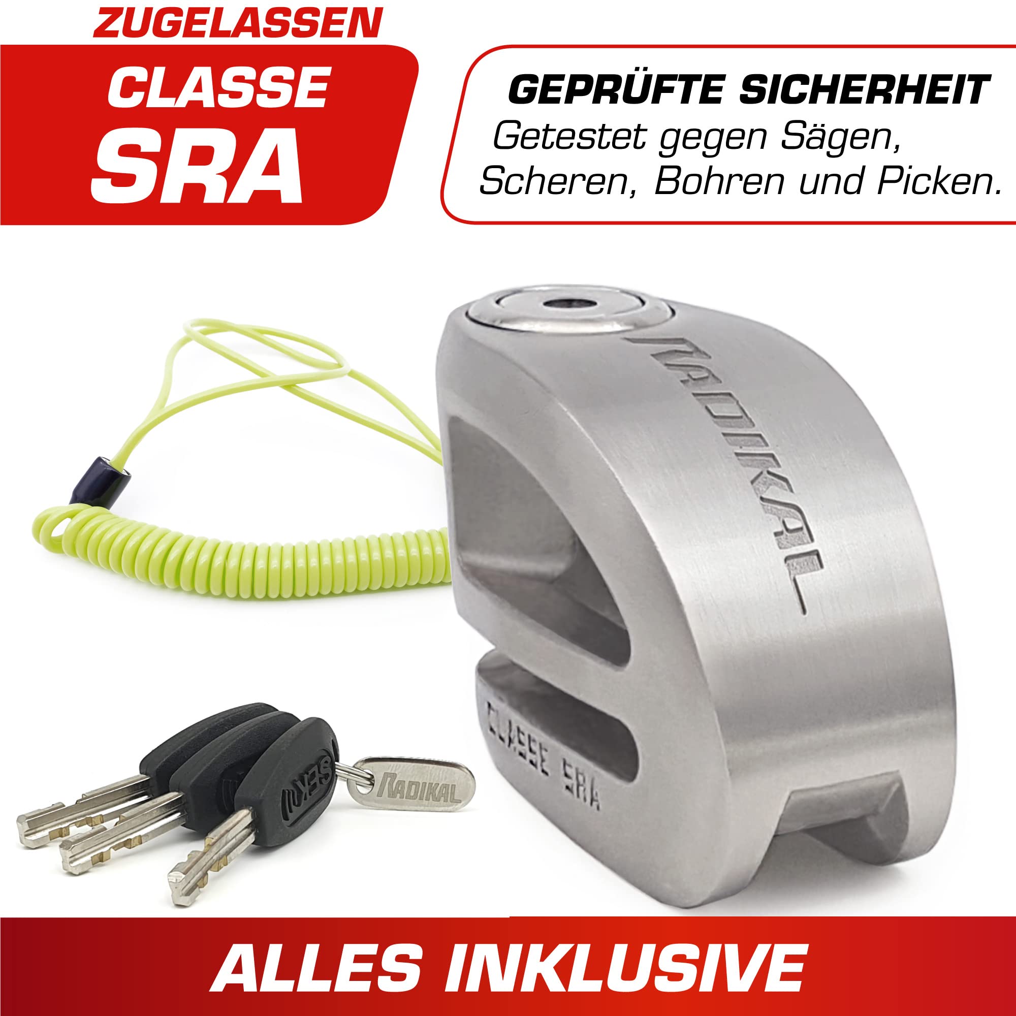 RADIKAL RK310S Bremsscheibenschloss Motorrad, Schließbolzen ø10, mit SRA Zulassung, polierter Edelstahl