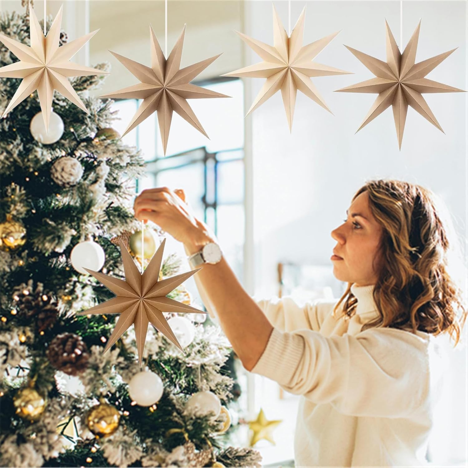 Stella pieghevole di Natale, 5 pezzi, decorazione natalizia,Decorazione a Forma di Stella di Natale, in carta, decorazione per finestre, avvento, albero di Natale