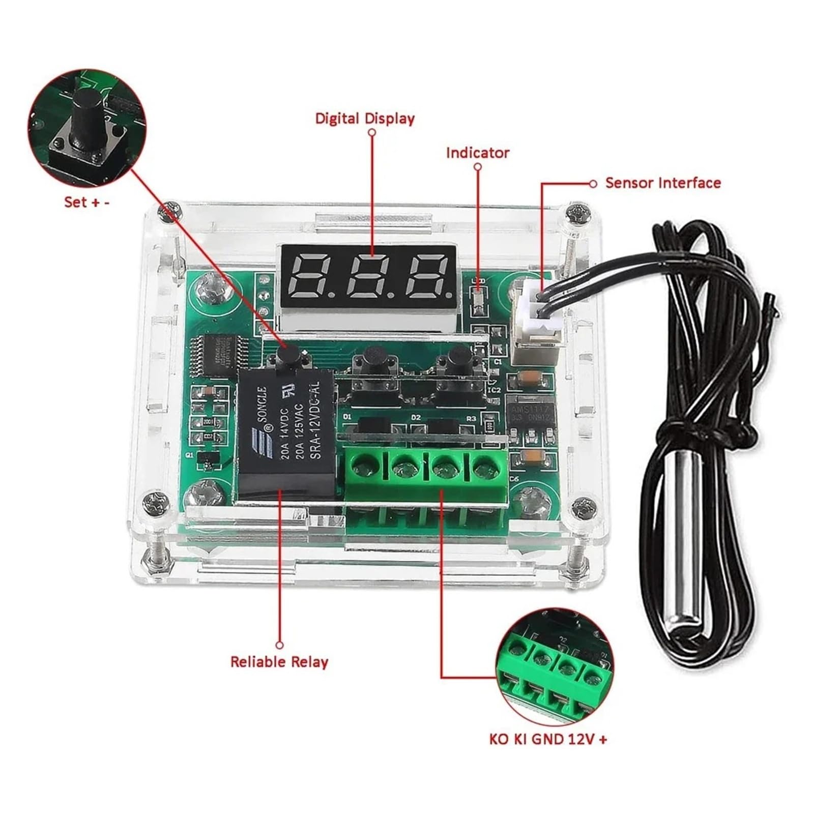 2 controladores de temperatura digitales XH-W1209 de -50 ~ 110 ℃, 12 V, módulos termostáticos con carcasa y muestra resistente al agua