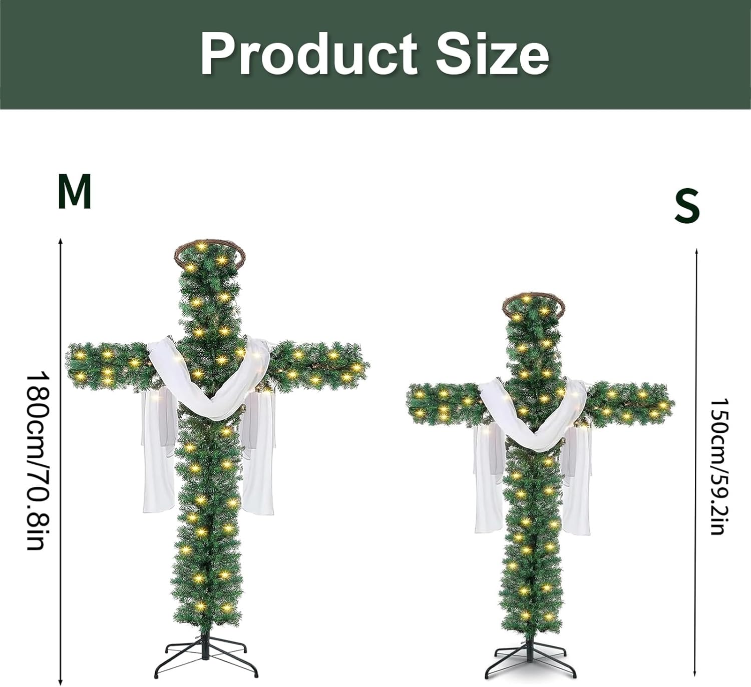 Christmas Tree, Cross Shaped Christmas Tree Pre-Lit Cross Trees Artificial Pine with LED Lights Scarves and Wooden Rattan Rings Religious Holiday Decor Home Trees Decorations