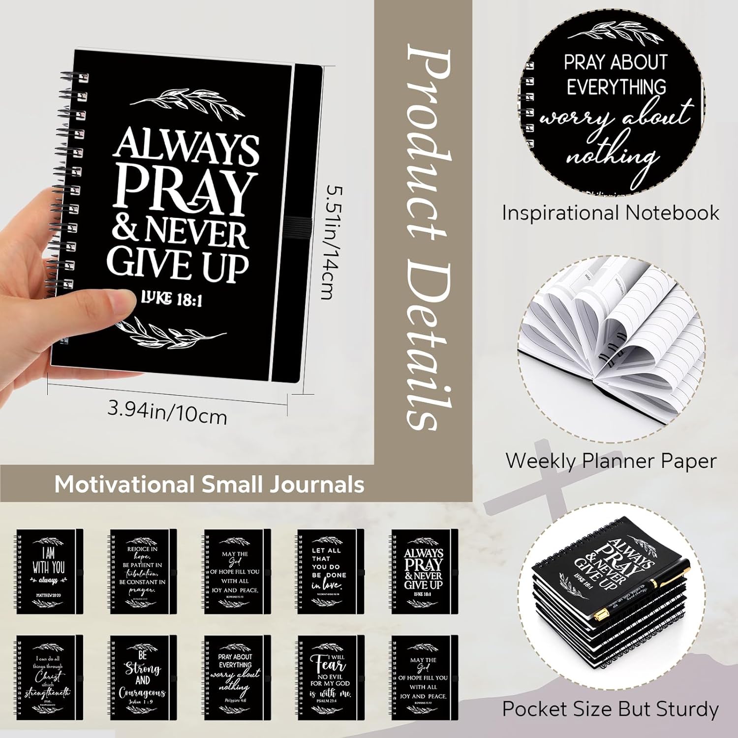 Spakon 10 Sets Religious Christian Party Favor Gifts Bulk for Valentines Church Pastor Ministry Journal Notepad Spiral Planner Notebook with Bible Verse Pen for Sunday Teacher Clergy (Black) - Image 2