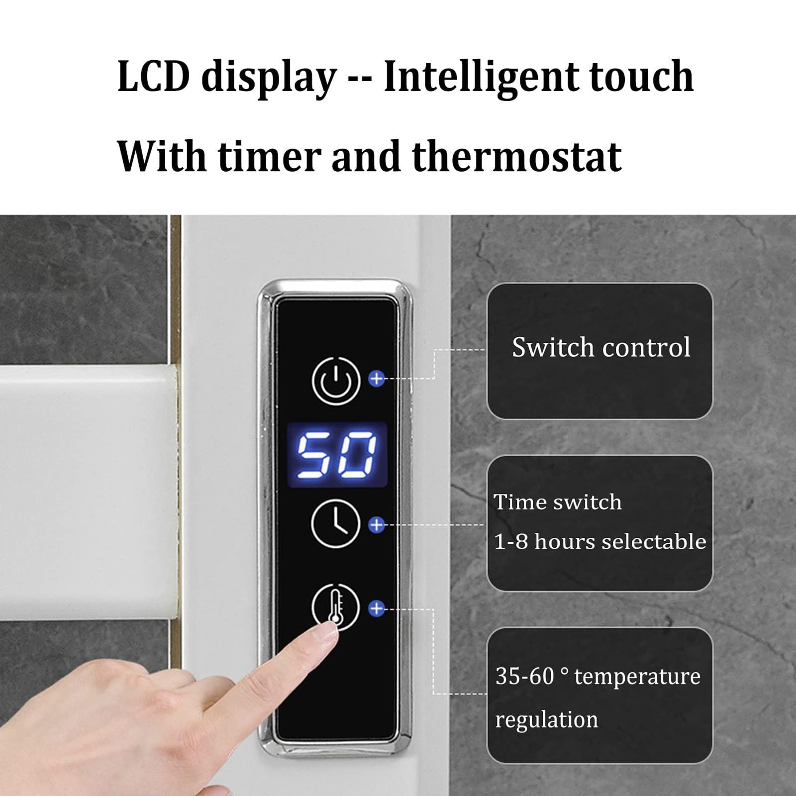 Toallero eléctrico con calefacción, calentador de toallas de pared con pantalla táctil digital, termostato de 35-60 °C, temporizador de 0-8 horas, aluminio, impermeable, para baño