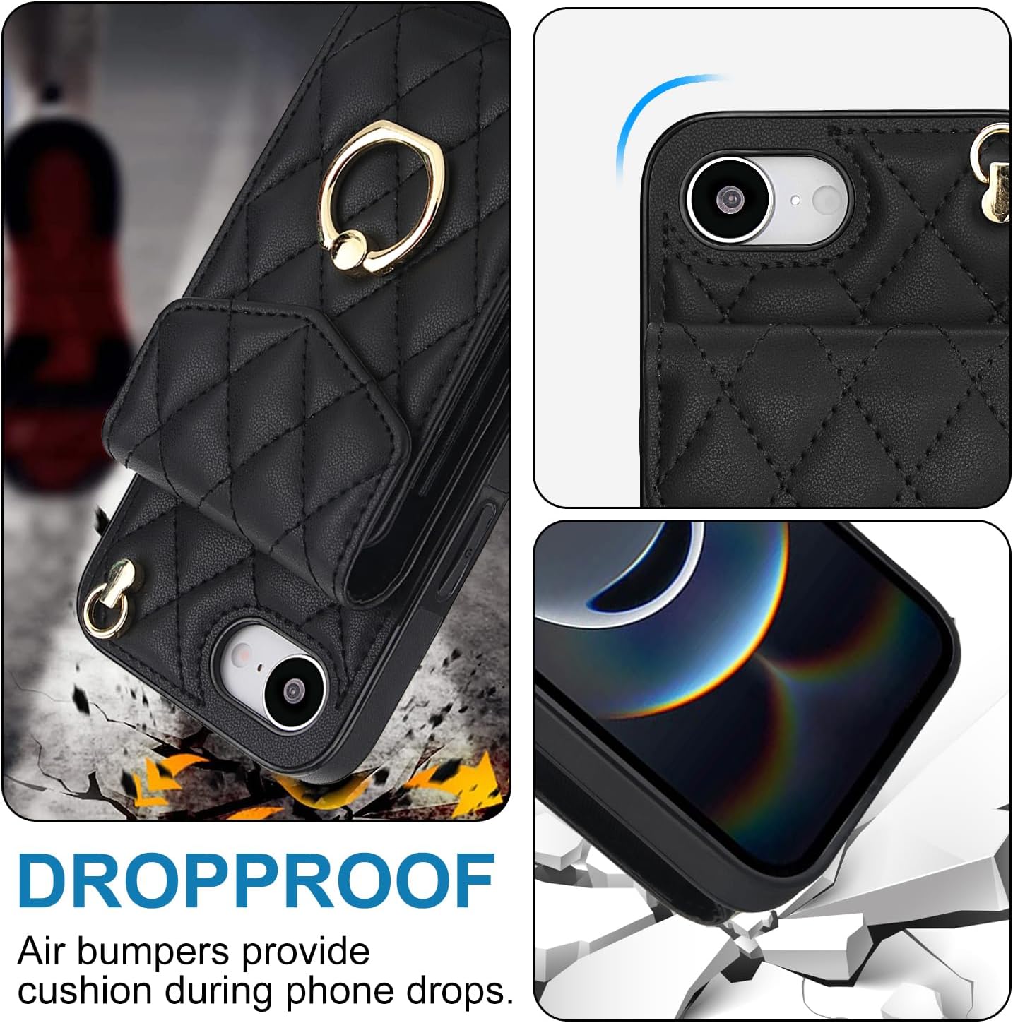 Phone Case for iPhone 16e/SE 2025/SE 4 Wallet Cover with Tempered Glass Screen Protector and Ring RFID Blocking Card Holder Cell i Phone16e i16e 16 e SE4 4th Generation 16eCase Women Men Girls Black