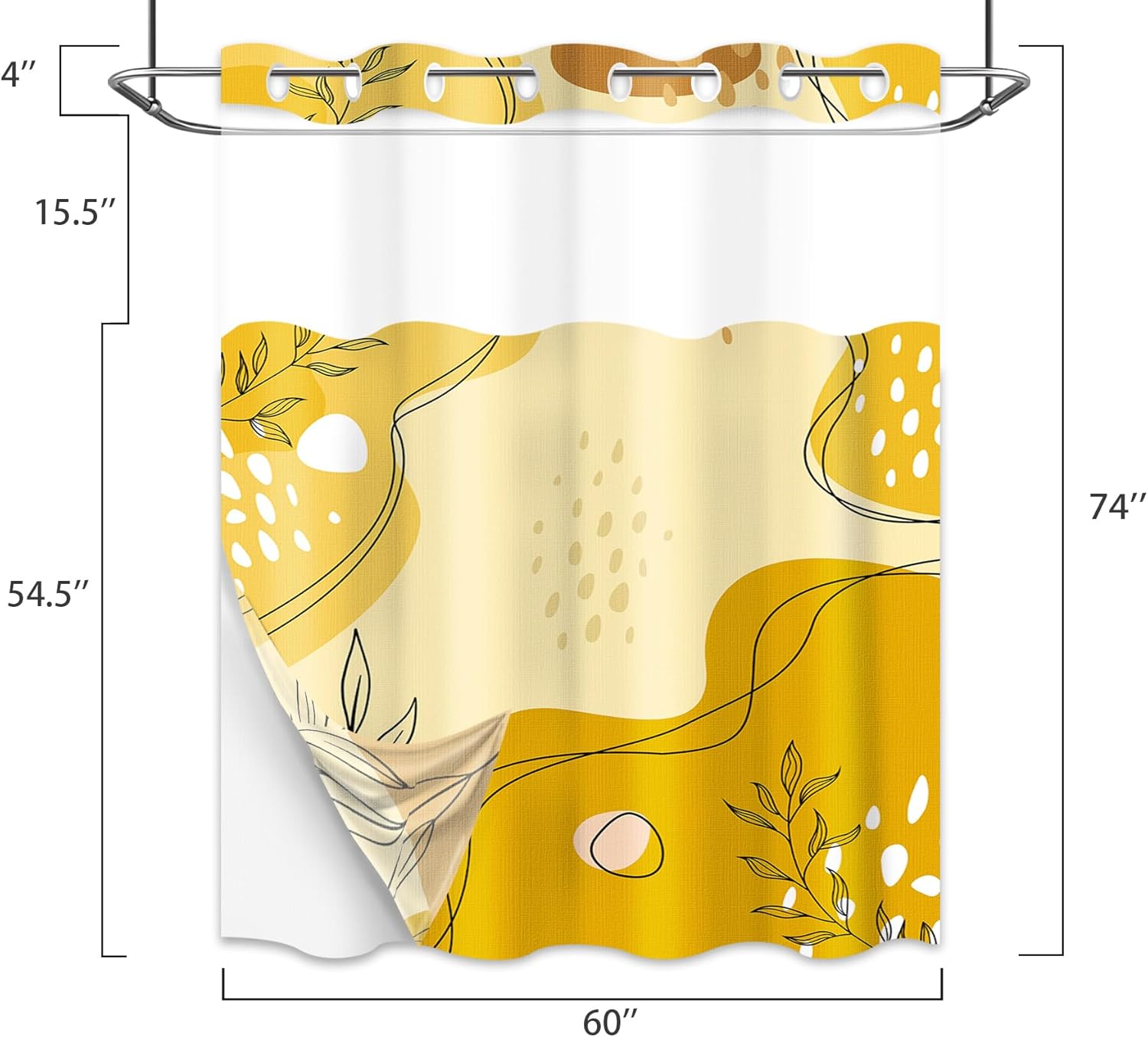 puuiiui Mustard Yellow Hookless Shower Curtain Mesh with Snap in Liner, Light Yellow Boho No Hook Double Layer Shower Curtain and Liner Set, Ringless with Window Waterproof Cloth Fabric, 60"W x 74"L