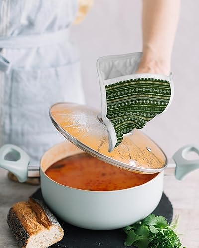 Miniatura 4 de Juego de 2 agarraderas verdes de Navidad para cocina, antideslizantes y aislantes de calor, juego de agarraderas de tela de toalla con bolsillo,