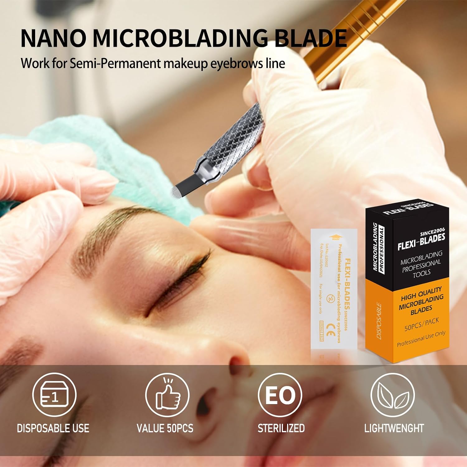 50PCS Black Flexible Microblading Eyebrow Disposable Needles U/C Shape 3D Embroidery Blades For Tattoo Manual Pen Microblade Nano Brows Hairstrokes Thinnest Needle in Market (18U-0.15MM)