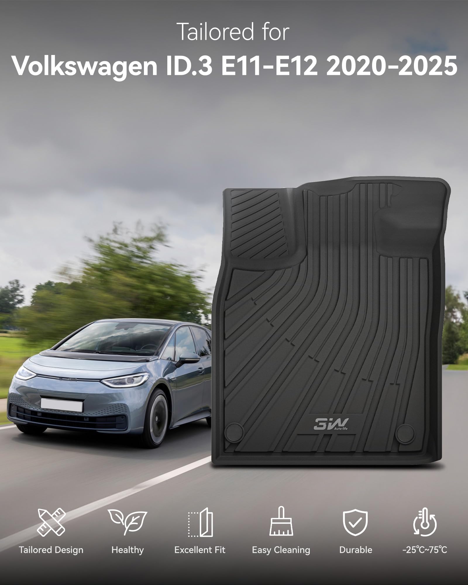 3W Dywaniki Samochodowe i Mata Bagażnika dla Volkswagen ID.3 2020-2024, Przewidywany Psów Mata Bagażnika, Dywany z Thorex™ dla Wszystkich Warunków Pogodowych, Antypoślizgowe, Wodoodporne