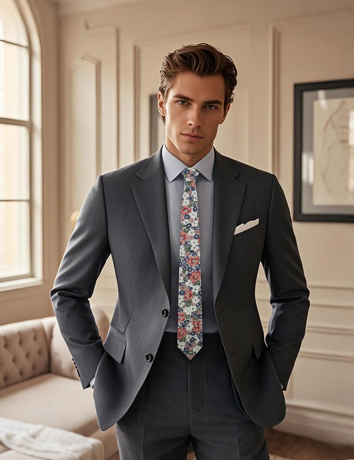 Floral Ties for Men Flower Tie and Pocket Square Set for Spring Wedding - Image 5