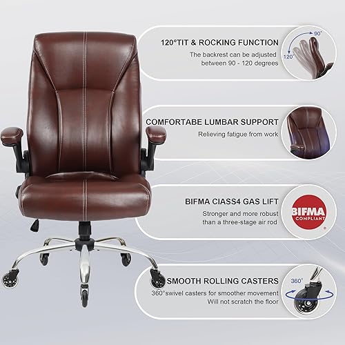 Miniatura 5 de Silla de oficina grande y alta para personas pesadas, silla de computadora de escritorio ejecutivo, reposabrazos abatibles ajustables, silla