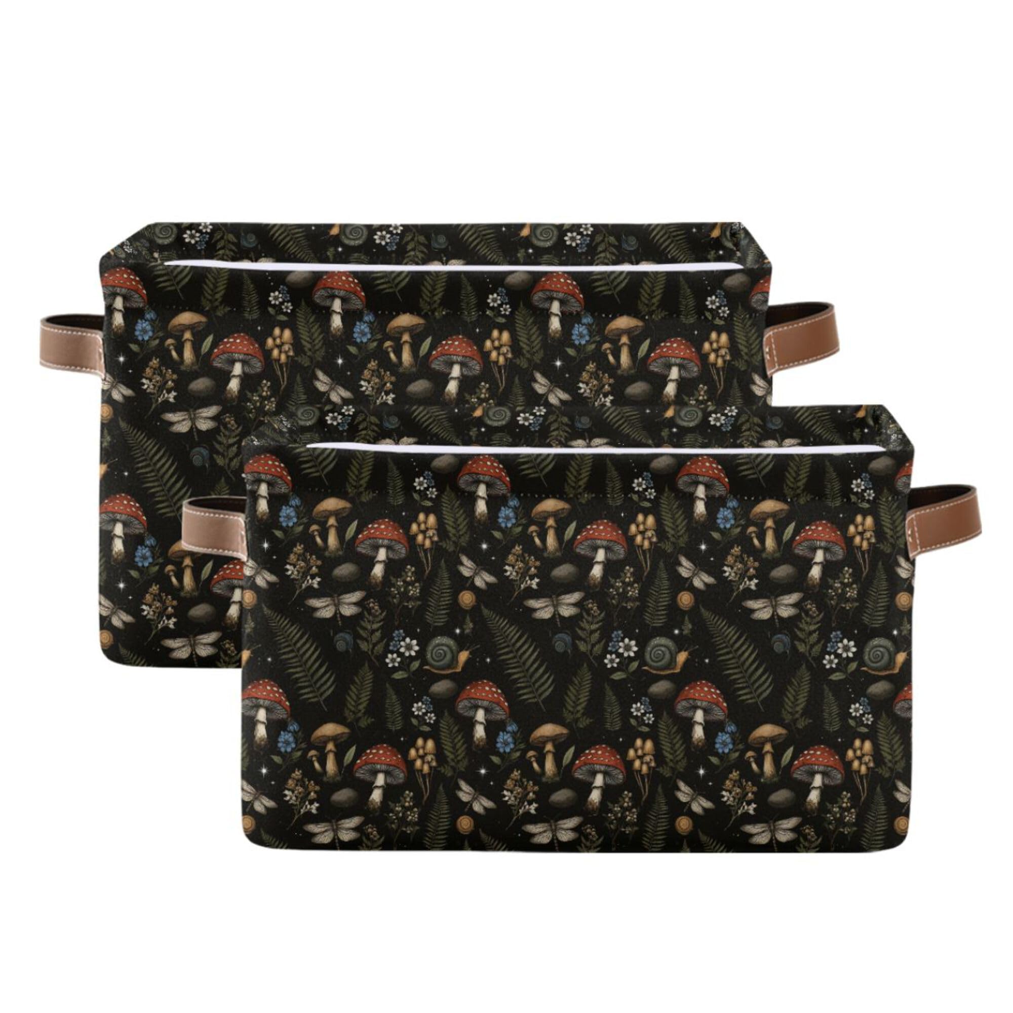 Mushroom Botanical Storage Basket Fabric Kitchen Baskets Dragonfly Berry Flowers Fern Open Home Storage Bins Boxes Foldable Organizer Bag for Baby Cloth Pet Toy Book Shelf Closet Baskets 16×12×8 IN