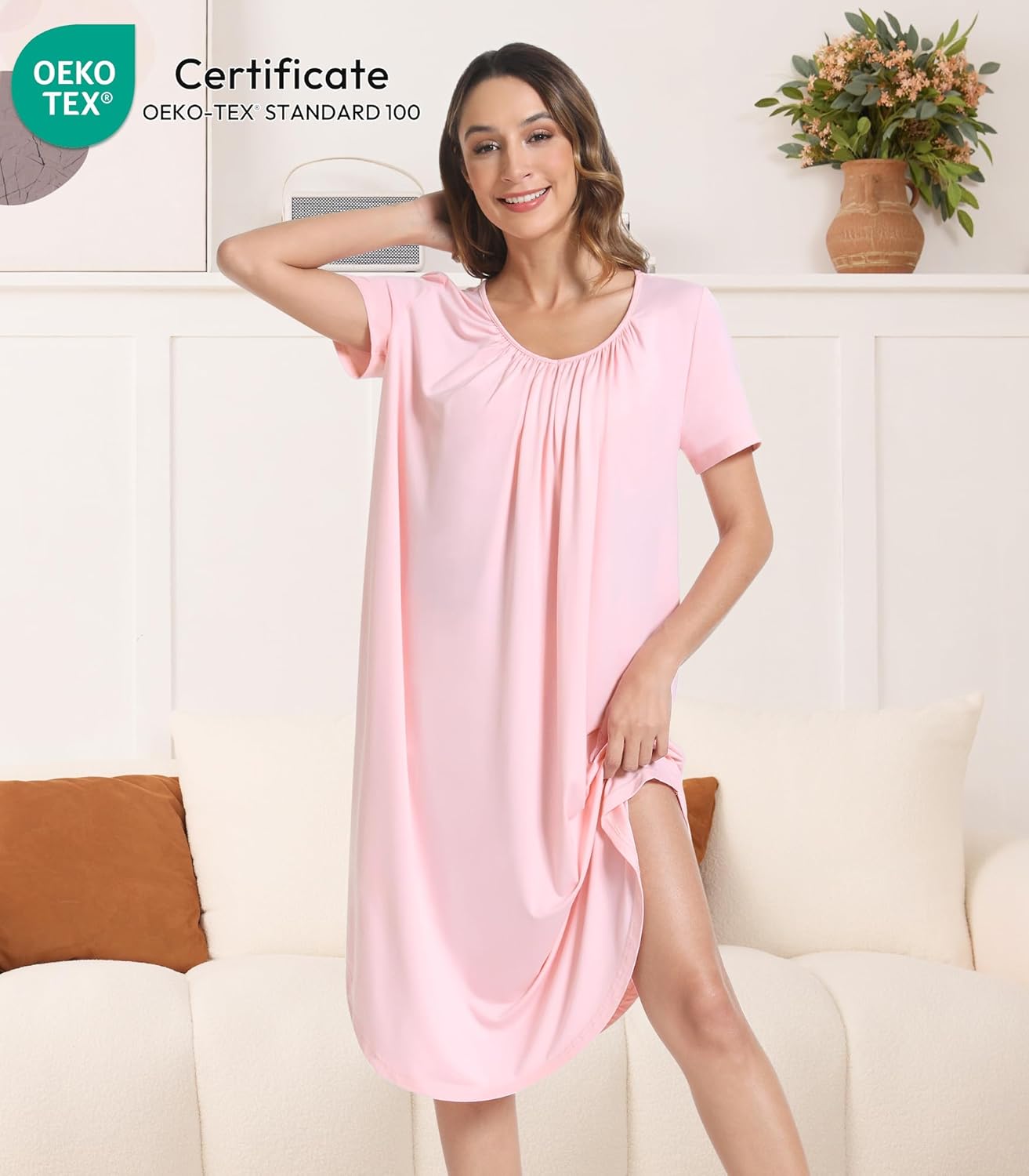 NACHILA Womens Nightgowns -Viscose Made from Bamboo,Soft Nightshirt Short Sleeve Sleepwear Pleated Sleepdress Cool Sleepshirt