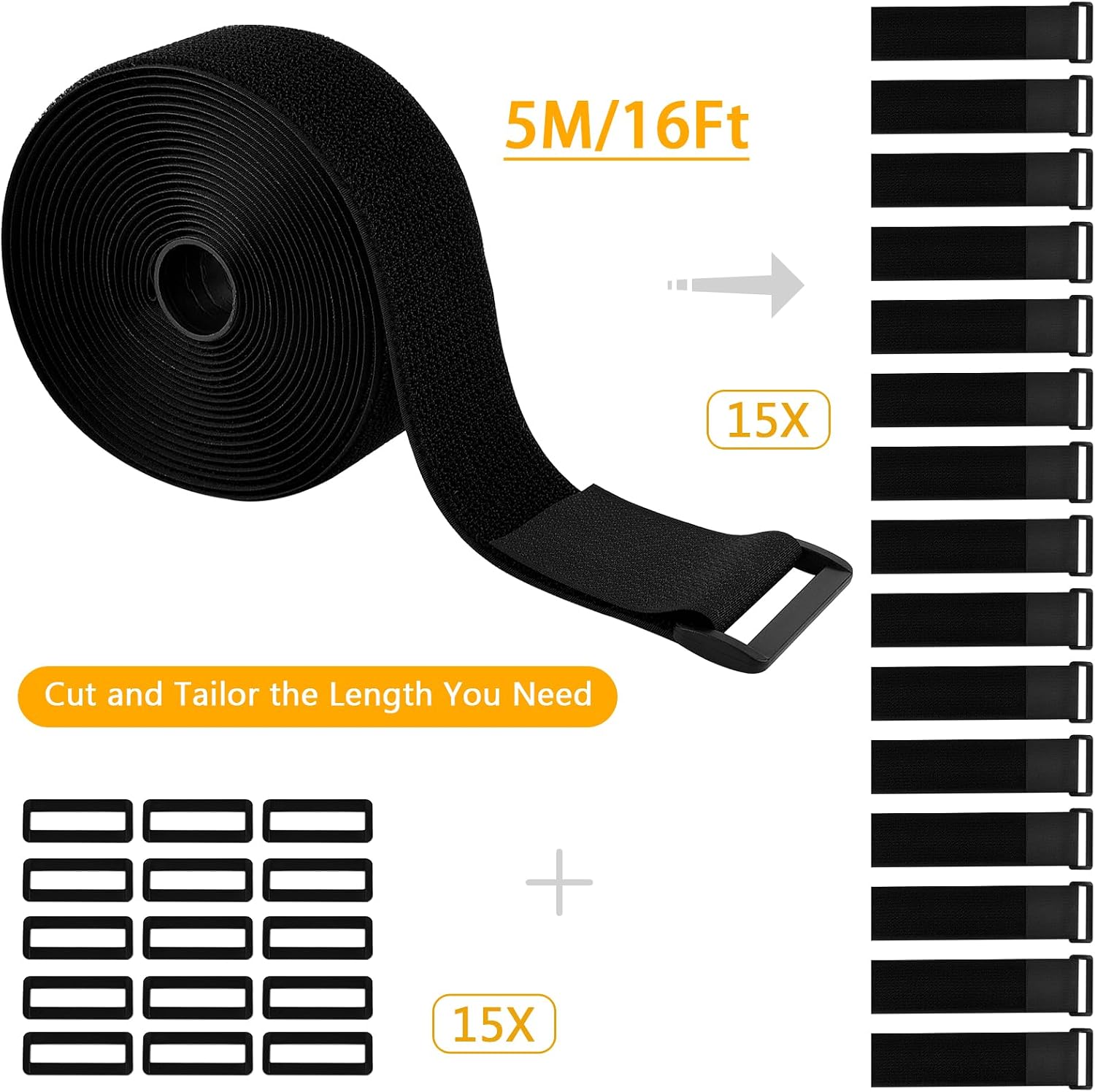 2''x 16.4Ft Heavy Duty Hook and Loop Straps with 15 Buckles, Adjustable Nylon Fastening Cinch Straps Free Cut to Length Cable Ties Reusable Cord Straps for Storage and Organization