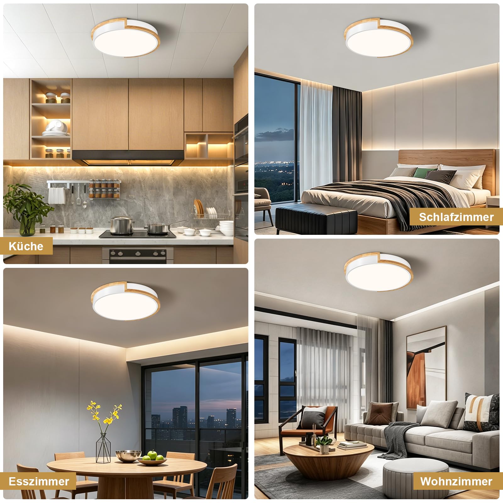 LED Deckenleuchte, Weiß Deckenlampe 40cm | 36W Lampe mit Holz für Schlafzimmer Wohnzimmer Küche Flur Esszimmer 4000K