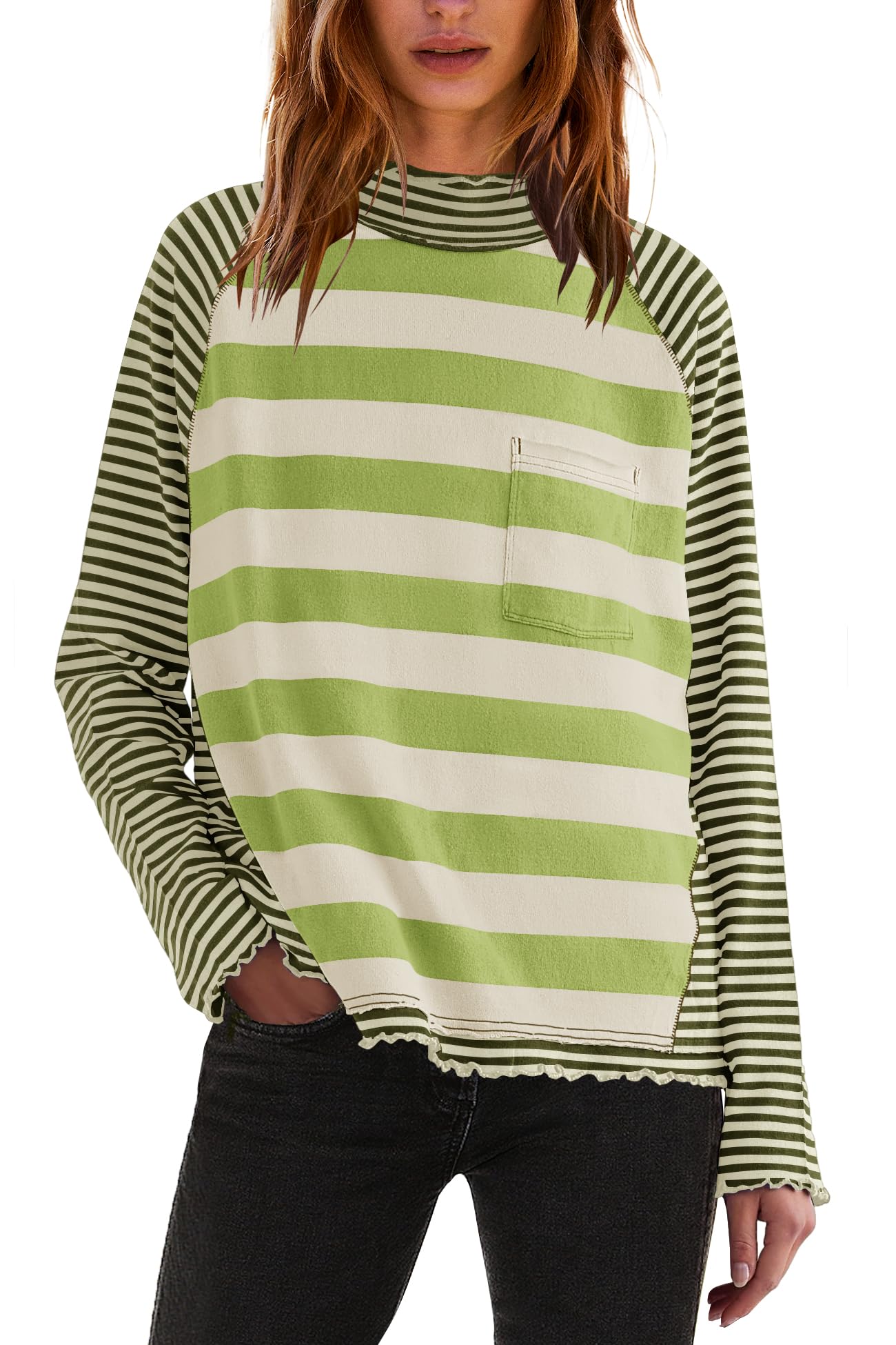 Panadila Womens Long Sleeve Striped Shirts Turtleneck Raglan Shirt Cute Color Block Tunic Tops Loose Pullover Top