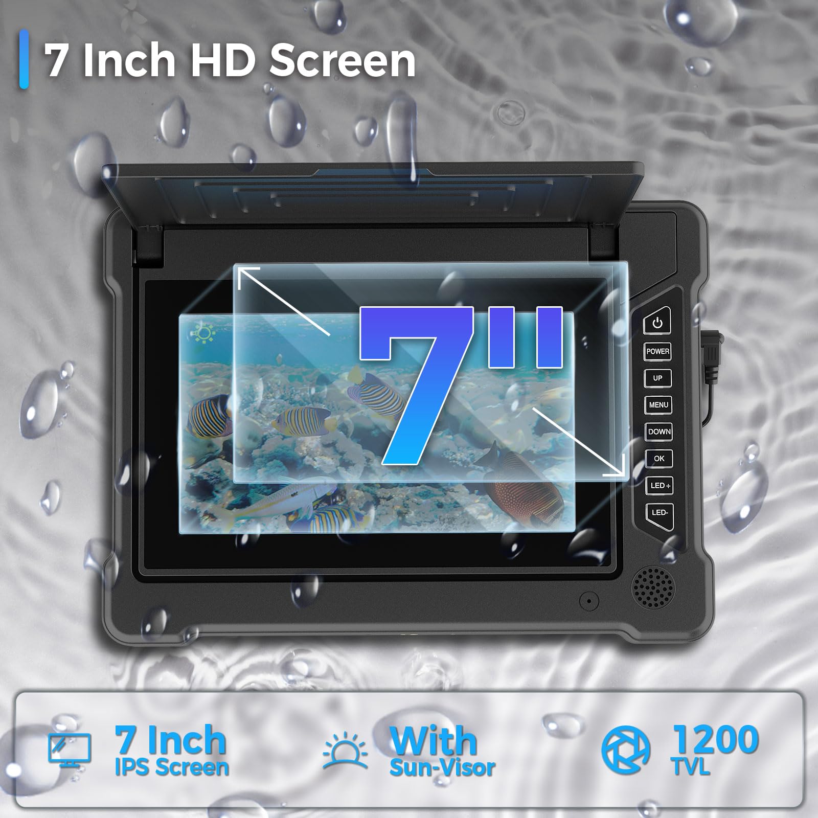 Cámara de Pesca Submarina 7" IPS con Visera, HD 1200TVL Gran Angular, IP68, Fish Finder para Hielo Mar Lago