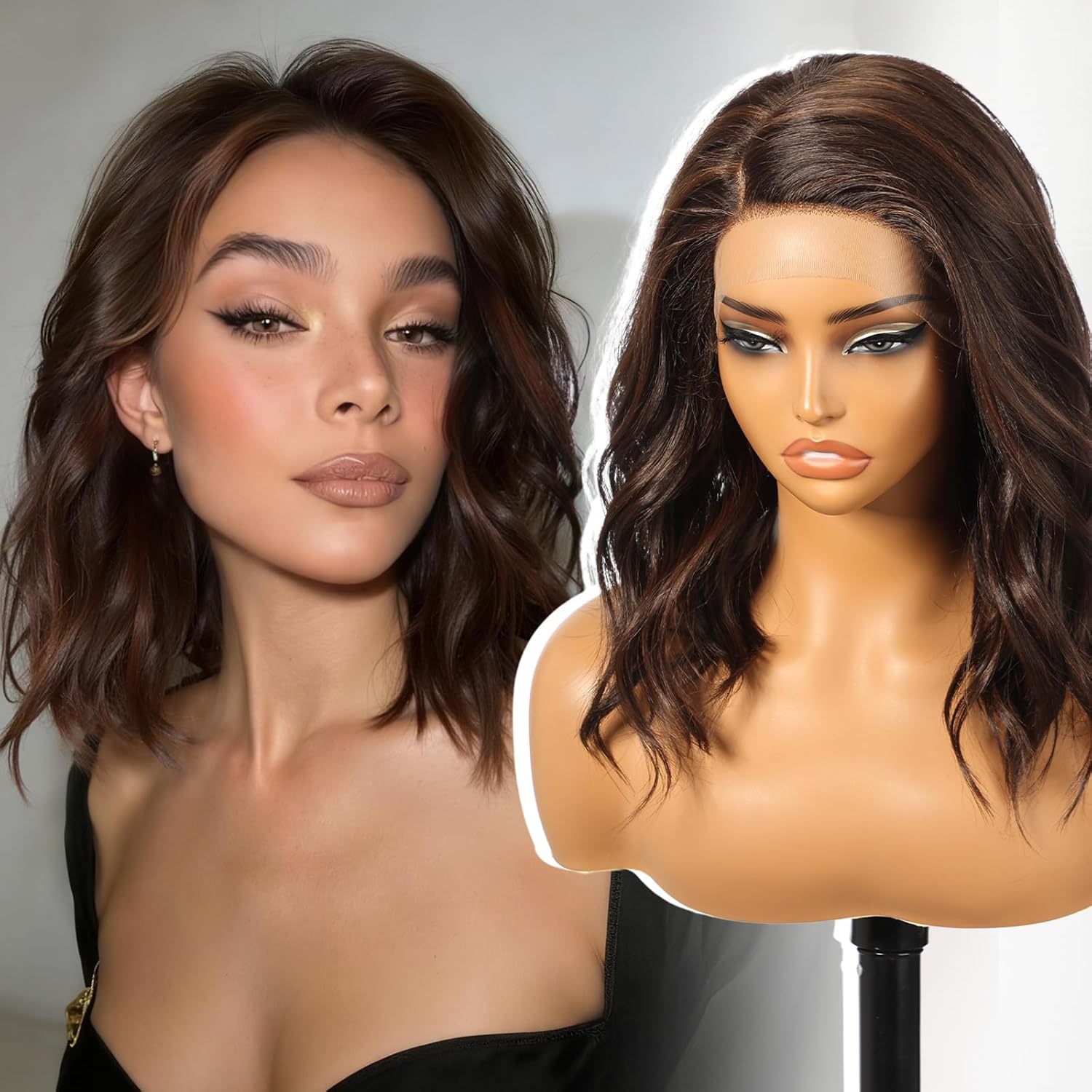 Brown Highlight Synthetic Lace Front Wig,Side Part Short Curly Bob Wig,Shoulder Length Wig for Women Daily Use 16IN