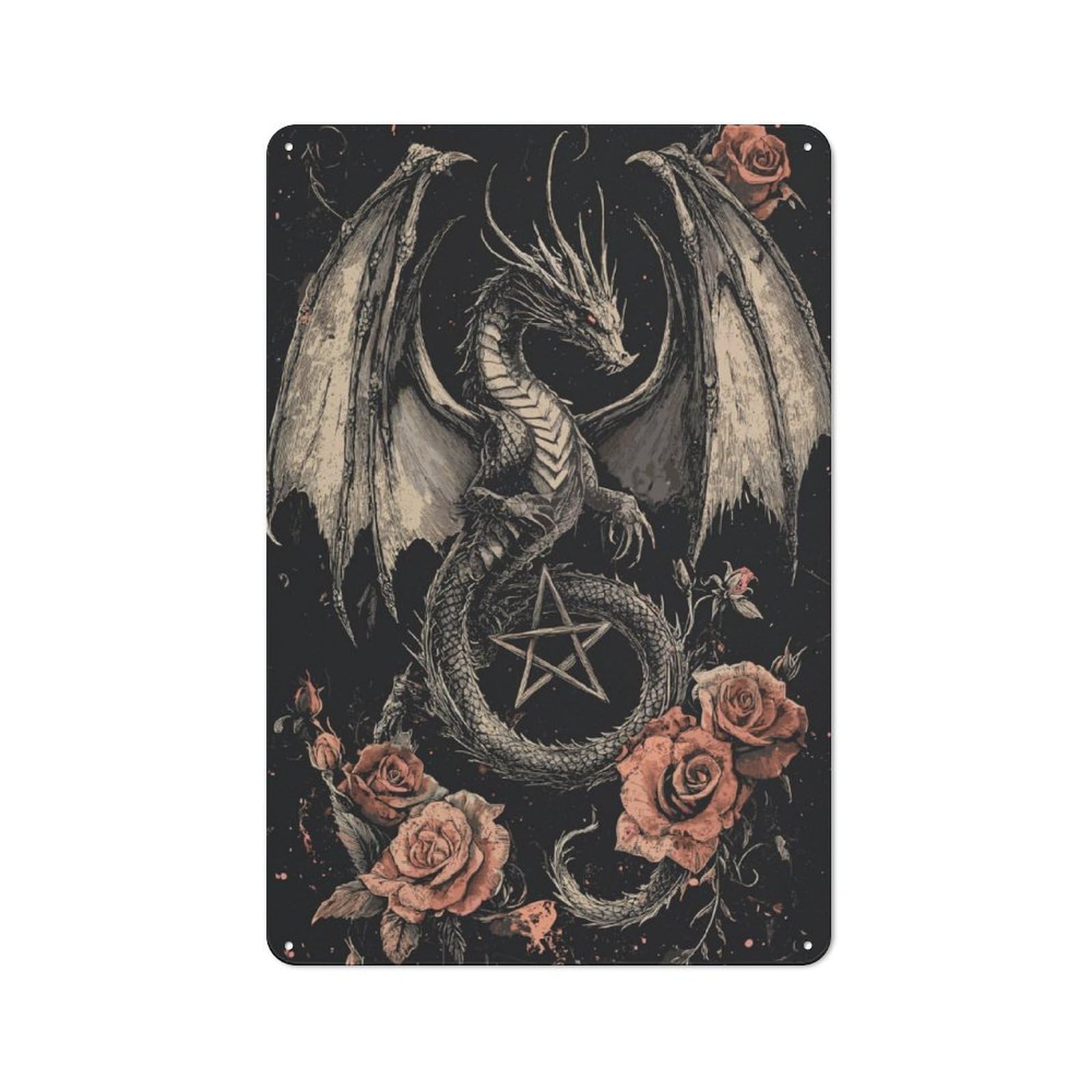 Junmoney Gothic Dragon With Pentagram And Roses Garage Style Decorative Metal Plaque 30X20cm, Garage Wall Decor For Workshop, Basement, Shed Or Games Room