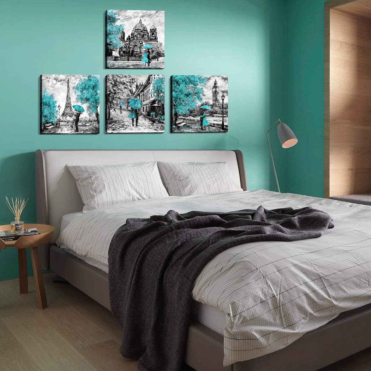 Teal Paris Wall Decor Bathroom Eiffel Tower Wall Art Black White Grey City Painting Abstract Street Landscape Posters Canvas Picture Modern Artwork for Living Room Bedroom Home Decoration 12x12" 4 Pcs