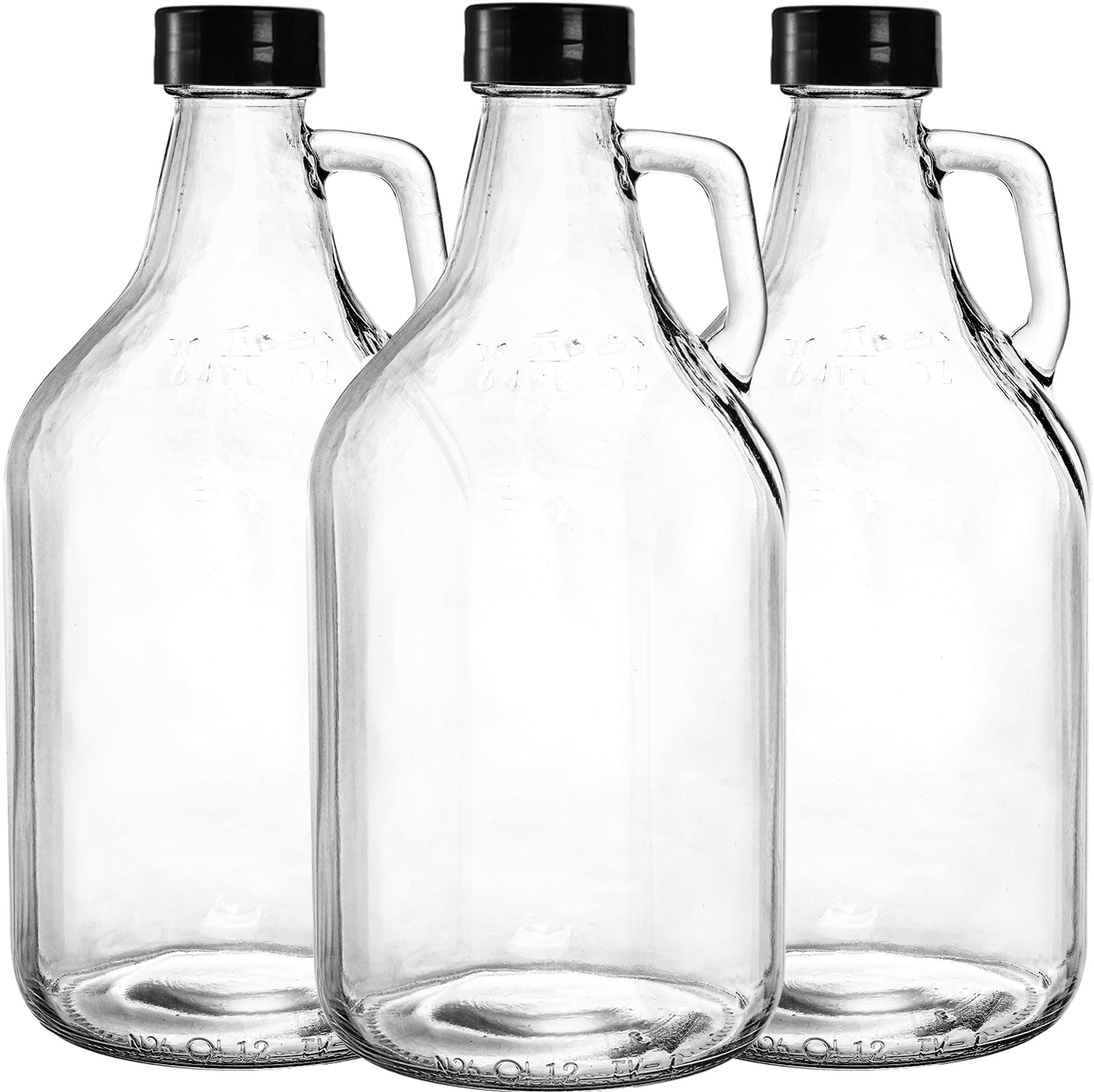 ZEAYEA 3 Pack Glass Growlers, 64 oz Clear Glass Jug, Half Gallon Jugs with Poly Seal Cap and Handle for Beer, Home Brewing, Kombucha, Cider, Distilled Water