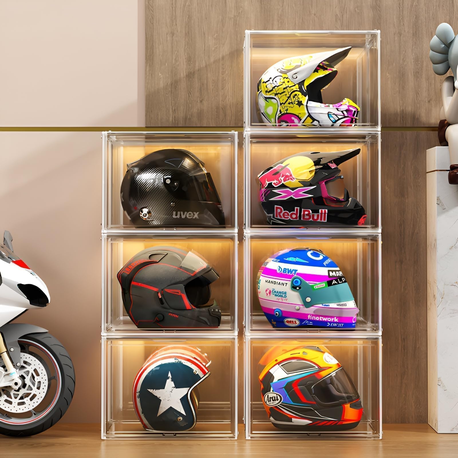 GUDEMAY XL Clear Stackable Plastic Storage Bins with Magnetic Lid, Dustproof Large Showcase for Helmet, Figures Collectibles, Shoe, Book, Bag Organizer Cosmetic Display Cases (Transparent XL-3 Pack)