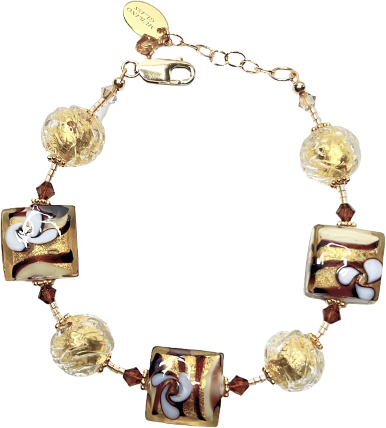 Murano Glass Italian Brown Gold Square Flower Bracelet