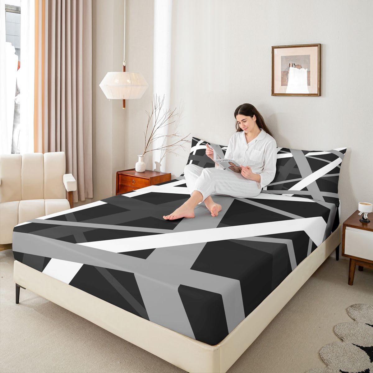 Manfei Juego de sábanas bajeras de líneas abstractas, tamaño King, juego de ropa de cama de rayas grises y negras, 3 piezas, sábanas decorativas retro con 2 fundas de almohada, decoración de