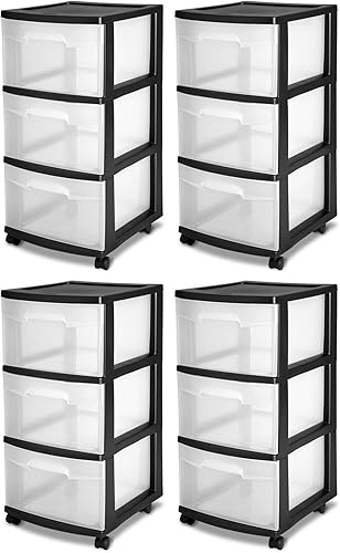 Sterilite Paquete de 4 carritos de almacenamiento de plástico con ruedas y 3 cajones, marco negro y cajones transparentes, organizador portátil