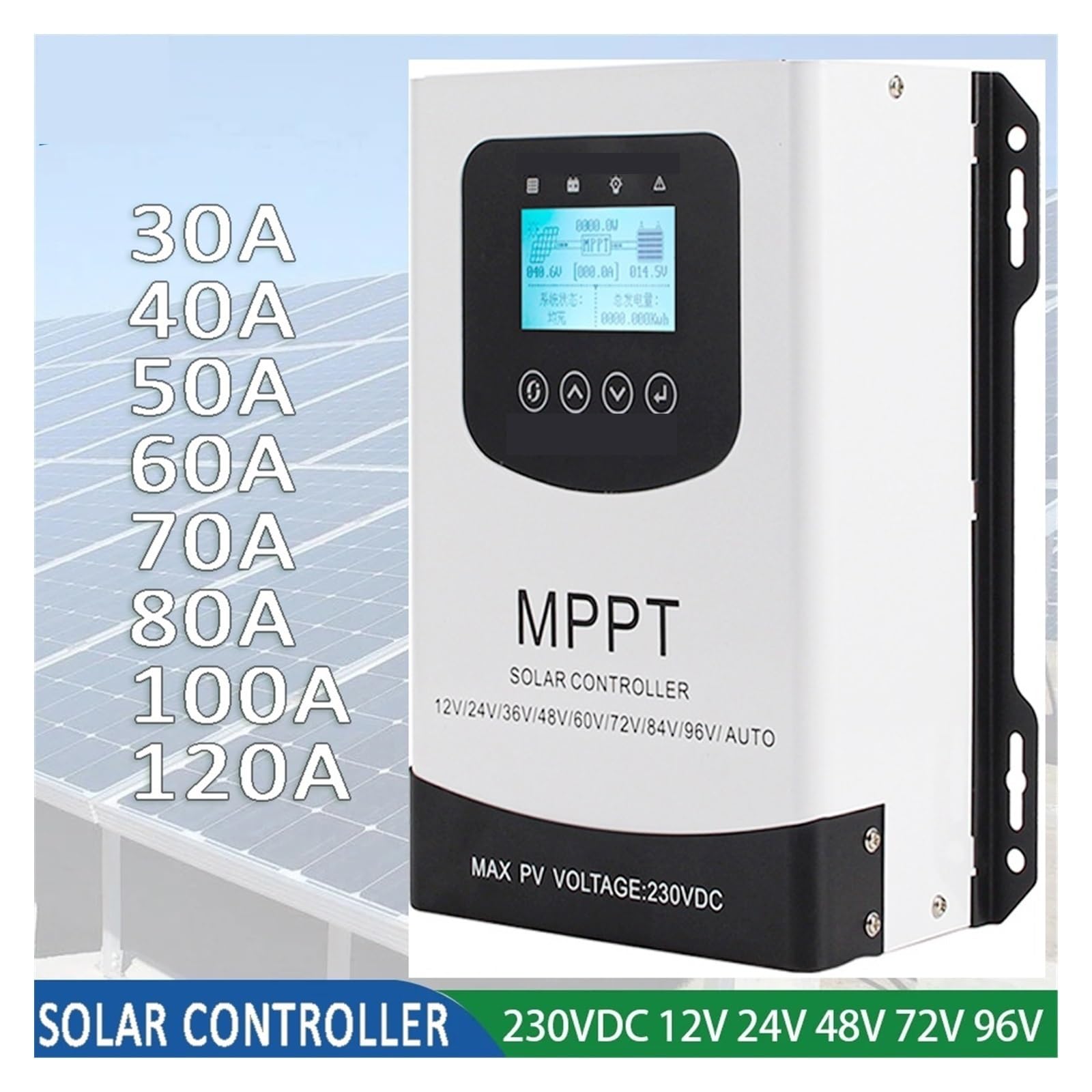 Kontroler ładowania słonecznego, LCD Inteligentny Regulator Ładowania Słonecznego MPPT 30A 40A 50A 60A 80A 100A 120A Do Panelu Bateria Litowo-ołowiowa LiFePO4(With WIFI,50A_12V TO 96V)