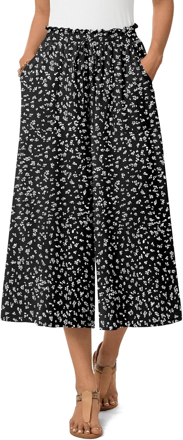 Anyhold Women's Capri Palazzo Pants High Waisted Wide Leg Adjustable Drawstring Loose Fit Summer Beach Pants Pockets - Image 3