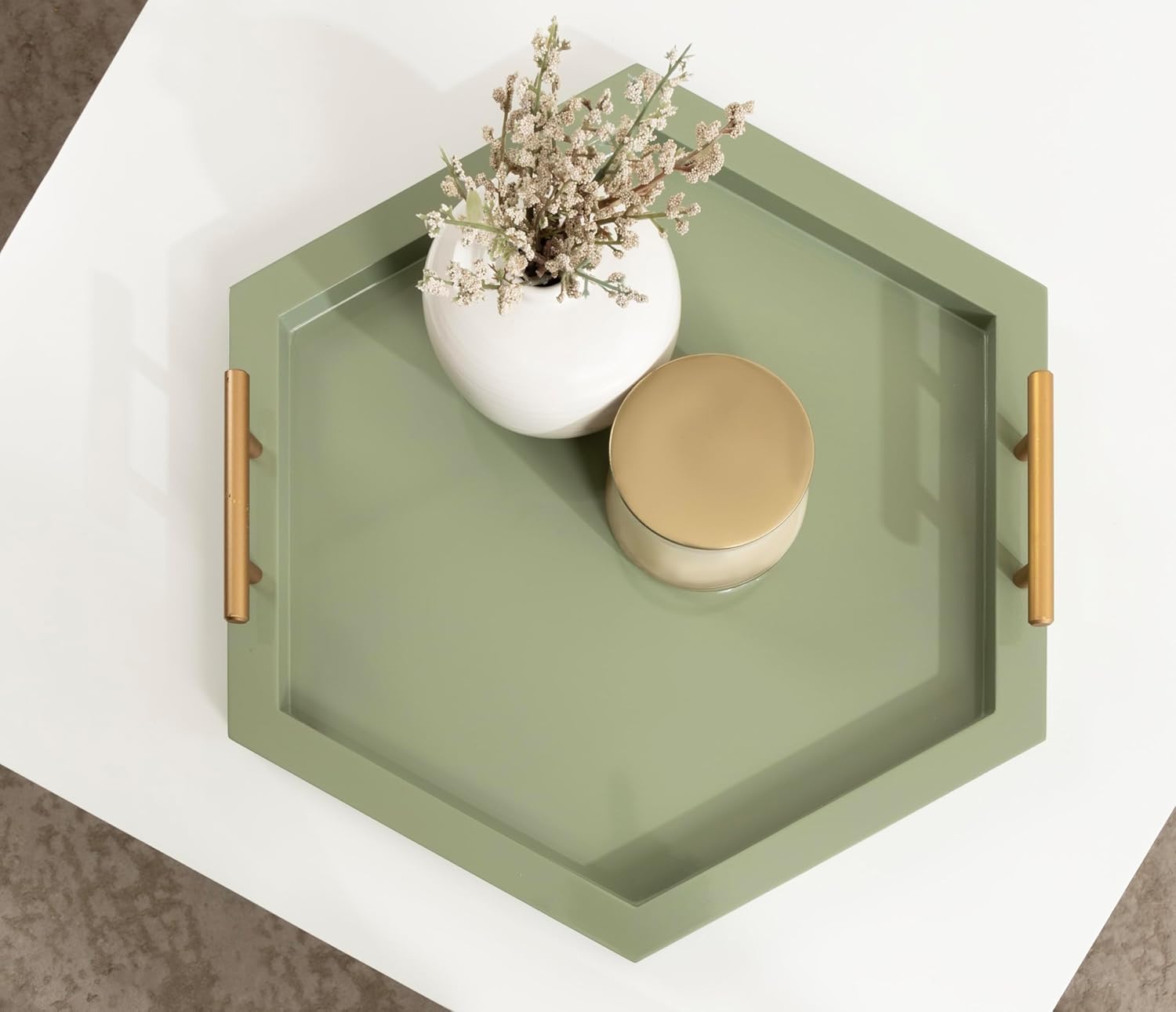 Kate and Laurel Halsey Decorative Hexagon Tray with Gold Metal Handles; 18 x 16; Green and Gold; Modern Glam Serving Tray with Handles for Living Room Decor