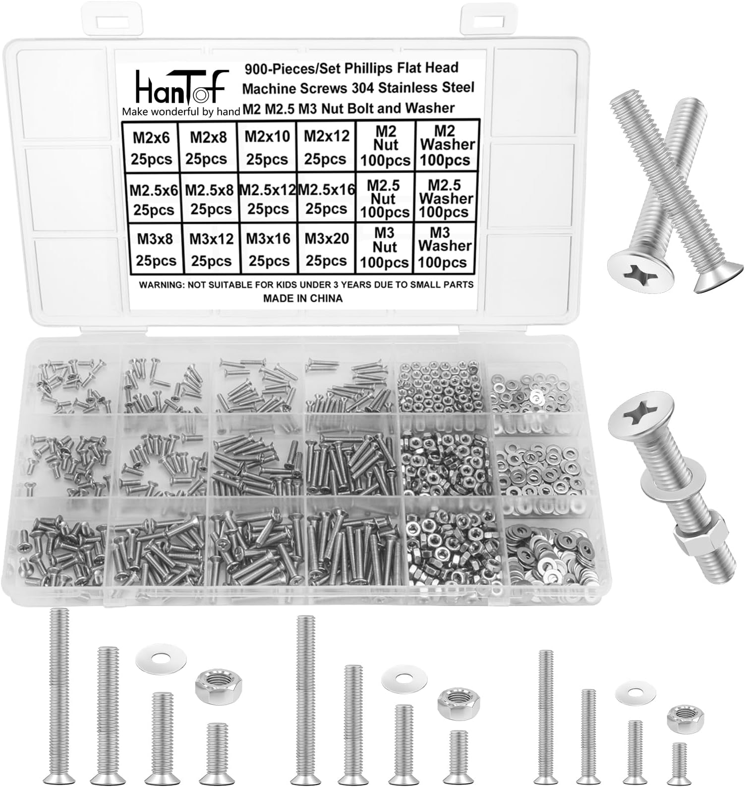 900PCS Countersunk Head Screws Assortment Kit, M2 M2.5 M3 Bolts and Nuts Washers Set, Phillips Drive Flat Head Machine Screws, 304 Stainless Steel, Small Bolts Fully Threaded with Storage Box.