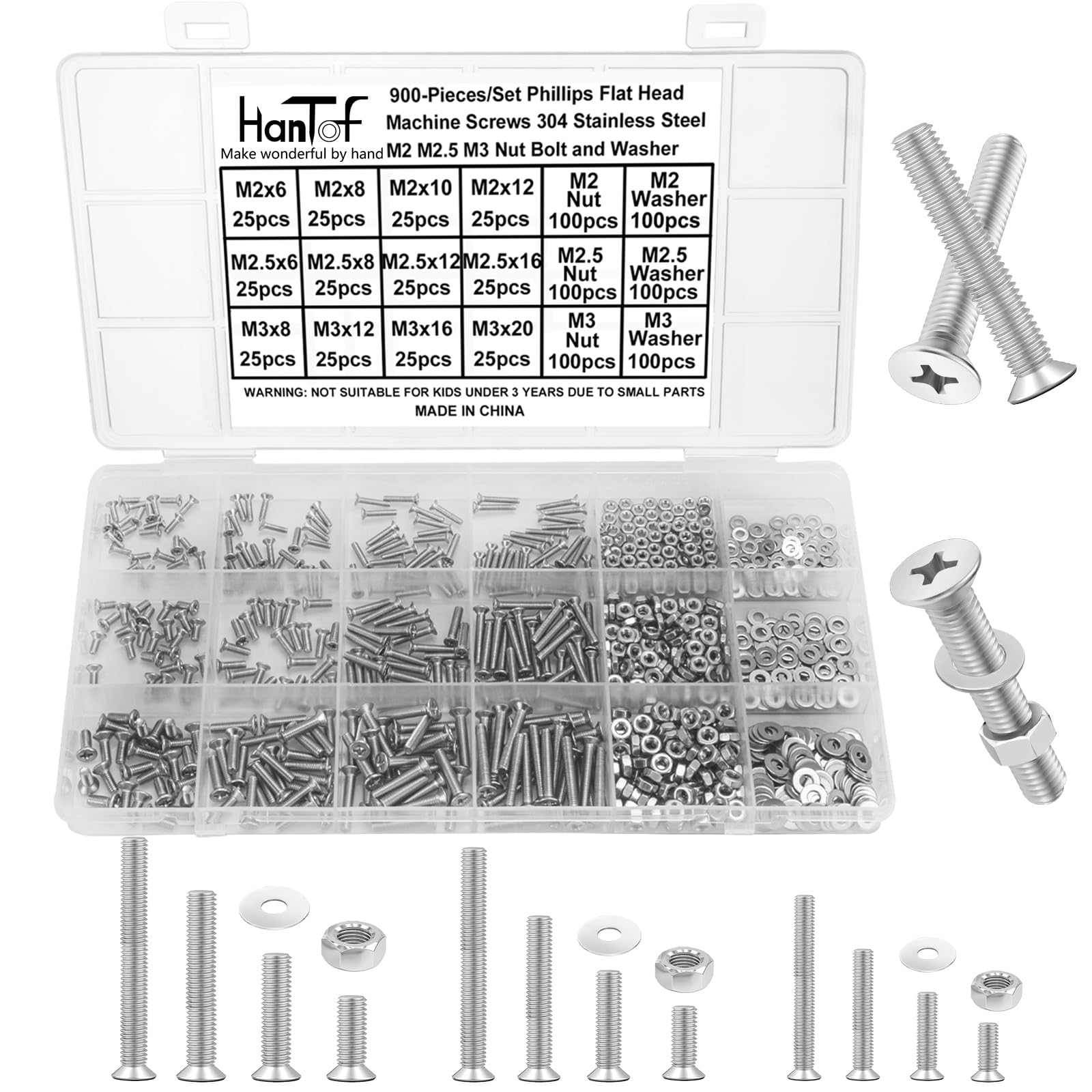 900PCS Countersunk Head Screws Assortment Kit, M2 M2.5 M3 Bolts and Nuts Washers Set, Phillips Drive Flat Head Machine Screws, 304 Stainless Steel, Small Bolts Fully Threaded with Storage Box.