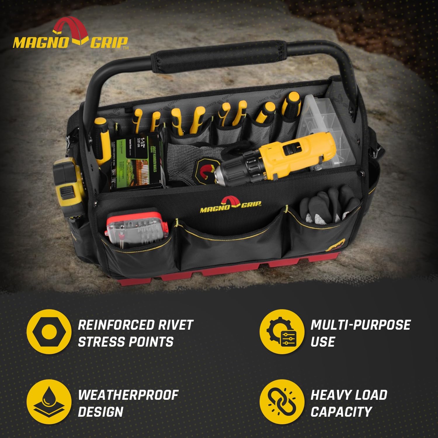 MagnoGrip RED Base 18" Pro Tool Tote – Heavy-duty 1680D Ballistic Polyester, 20 pockets, 8 loops, rotating steel handle, waterproof hard bottom, MOLLE webbing. Portable toolbox for pros & DIYers.
